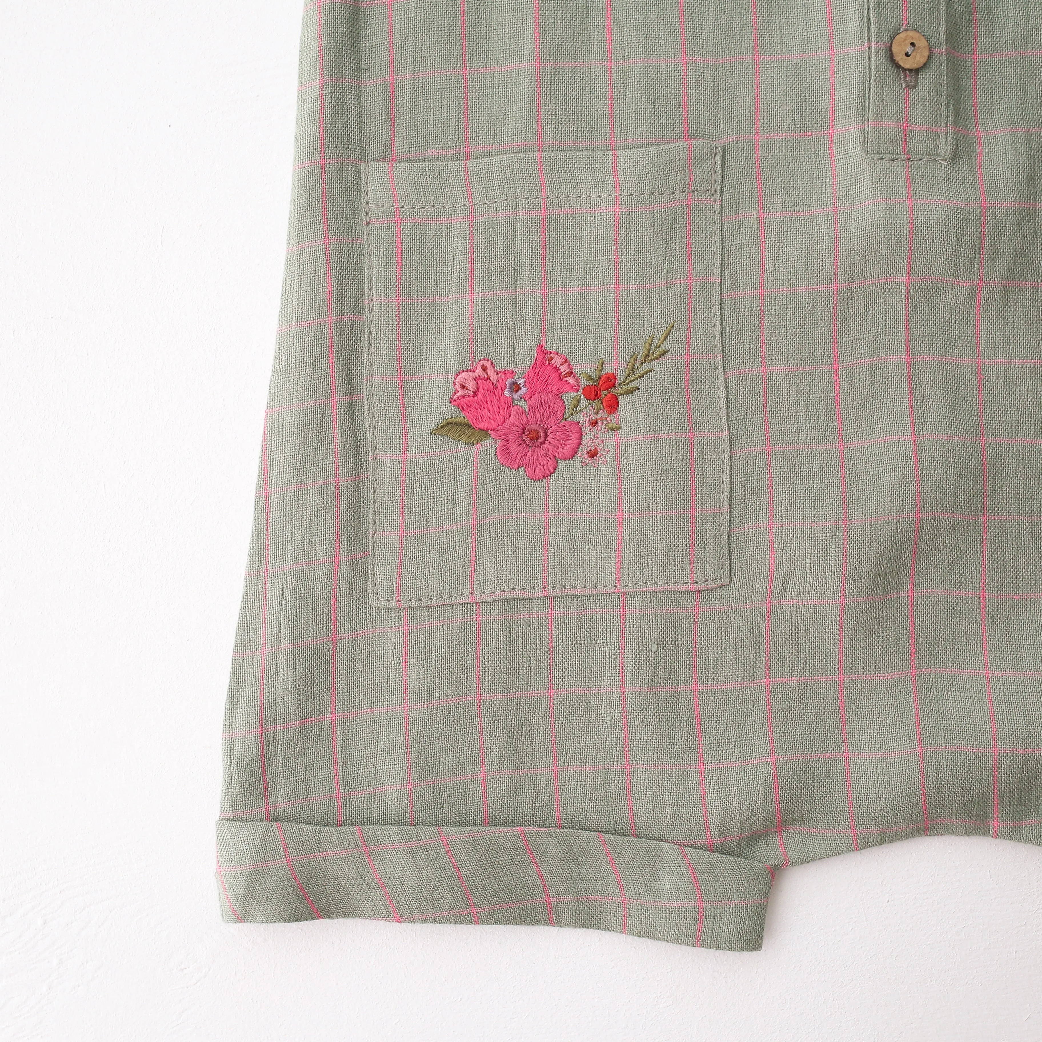 Mint & Pink Check Linen Short Legs Tank Jumpsuit with Mini Flowers Embroidery