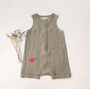Mint & Pink Check Linen Short Legs Tank Jumpsuit with Mini Flowers Embroidery