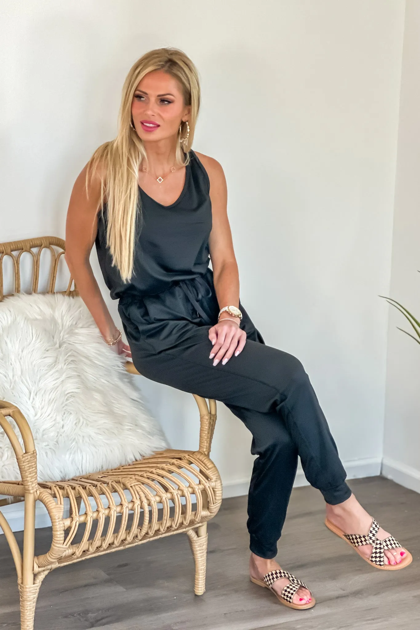 Mona Drawstring Waist Jumpsuit : Black