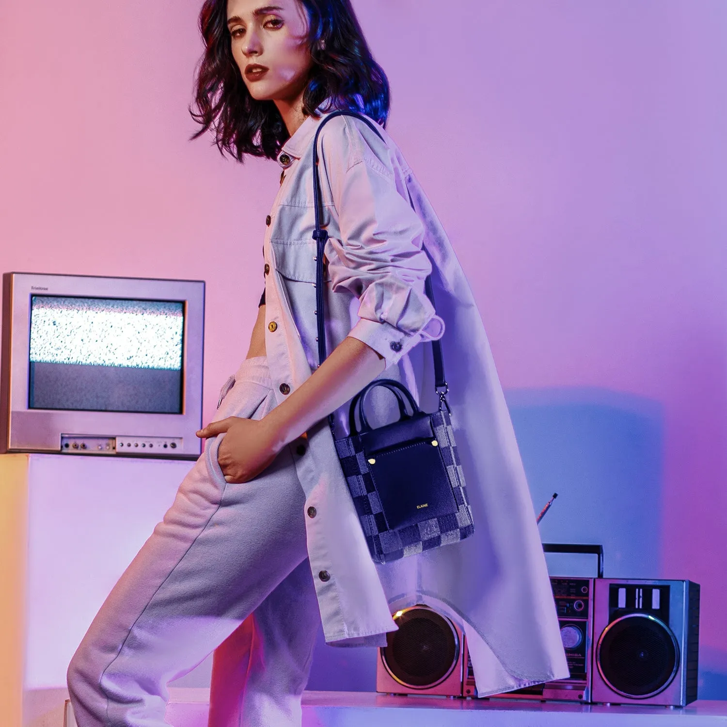 Nicola Mini Tote Denim - Checkered Navy