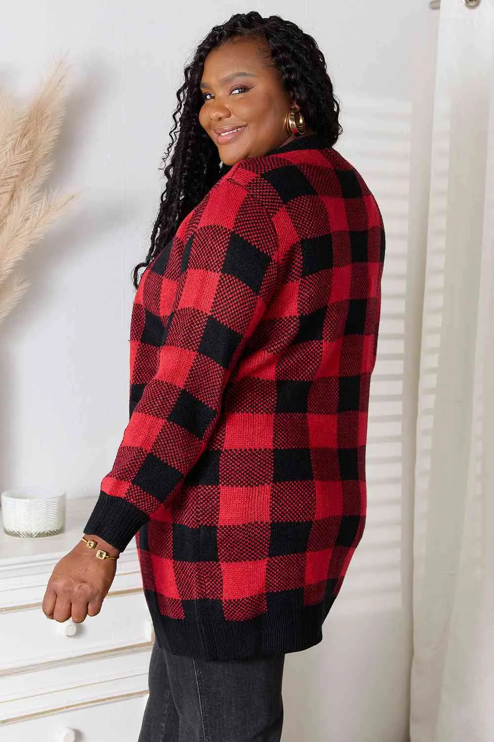 Plaid Open Front Cardigan with Pockets
