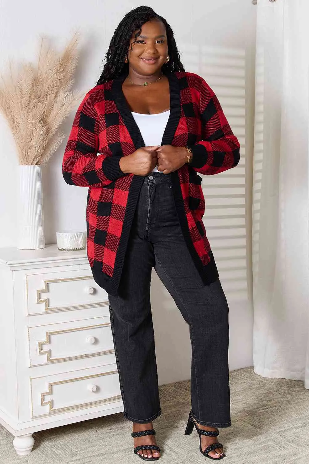 Plaid Open Front Cardigan with Pockets