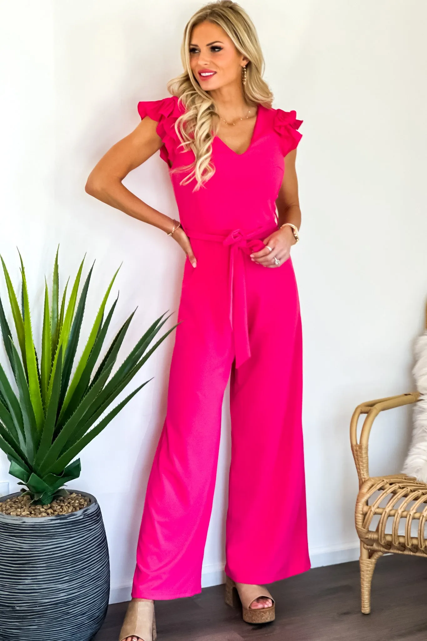 Shelia V Neck Jumpsuit Waist Sash: Fuchsia