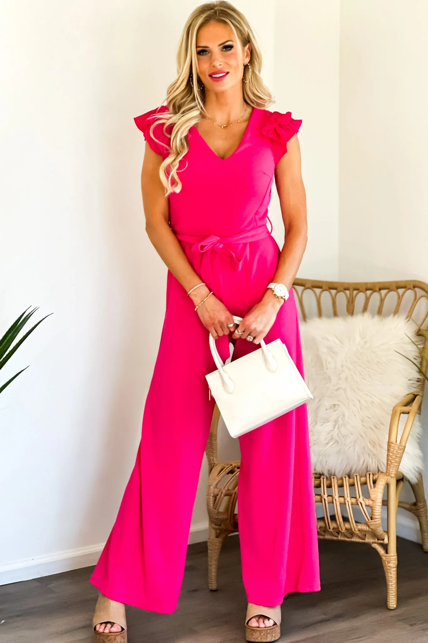 Shelia V Neck Jumpsuit Waist Sash: Fuchsia