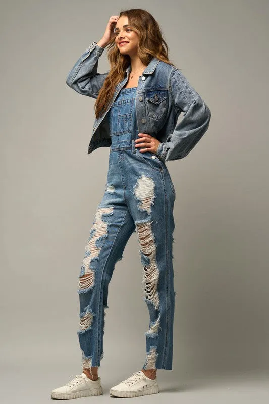 TEEK - MEDIUM WASH HEAVY DISTRESSED STRAIGHT FIT OVERALLS