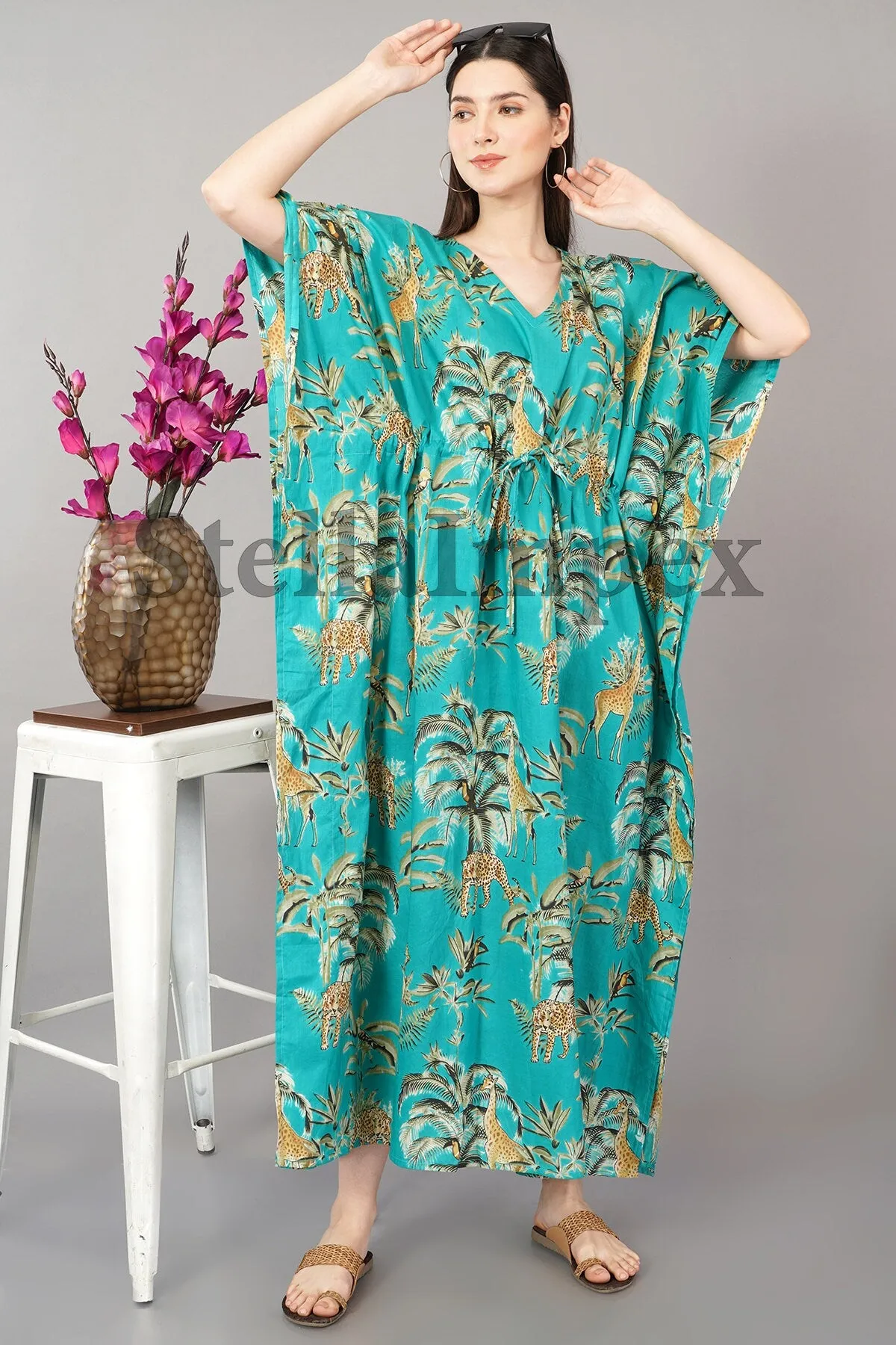 Trendy Cotton Kaftan Elegant Blue Printed Long Caftan Resort Wear Beach Dress Boho Kaftan, Gift for Her