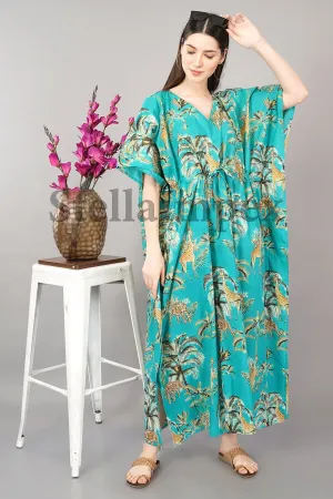 Trendy Cotton Kaftan Elegant Blue Printed Long Caftan Resort Wear Beach Dress Boho Kaftan, Gift for Her