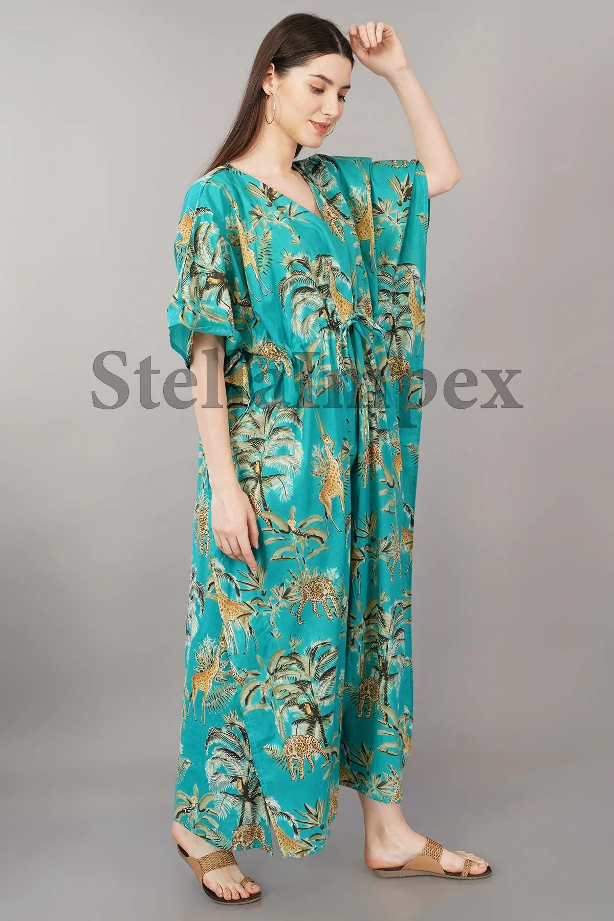 Trendy Cotton Kaftan Elegant Blue Printed Long Caftan Resort Wear Beach Dress Boho Kaftan, Gift for Her