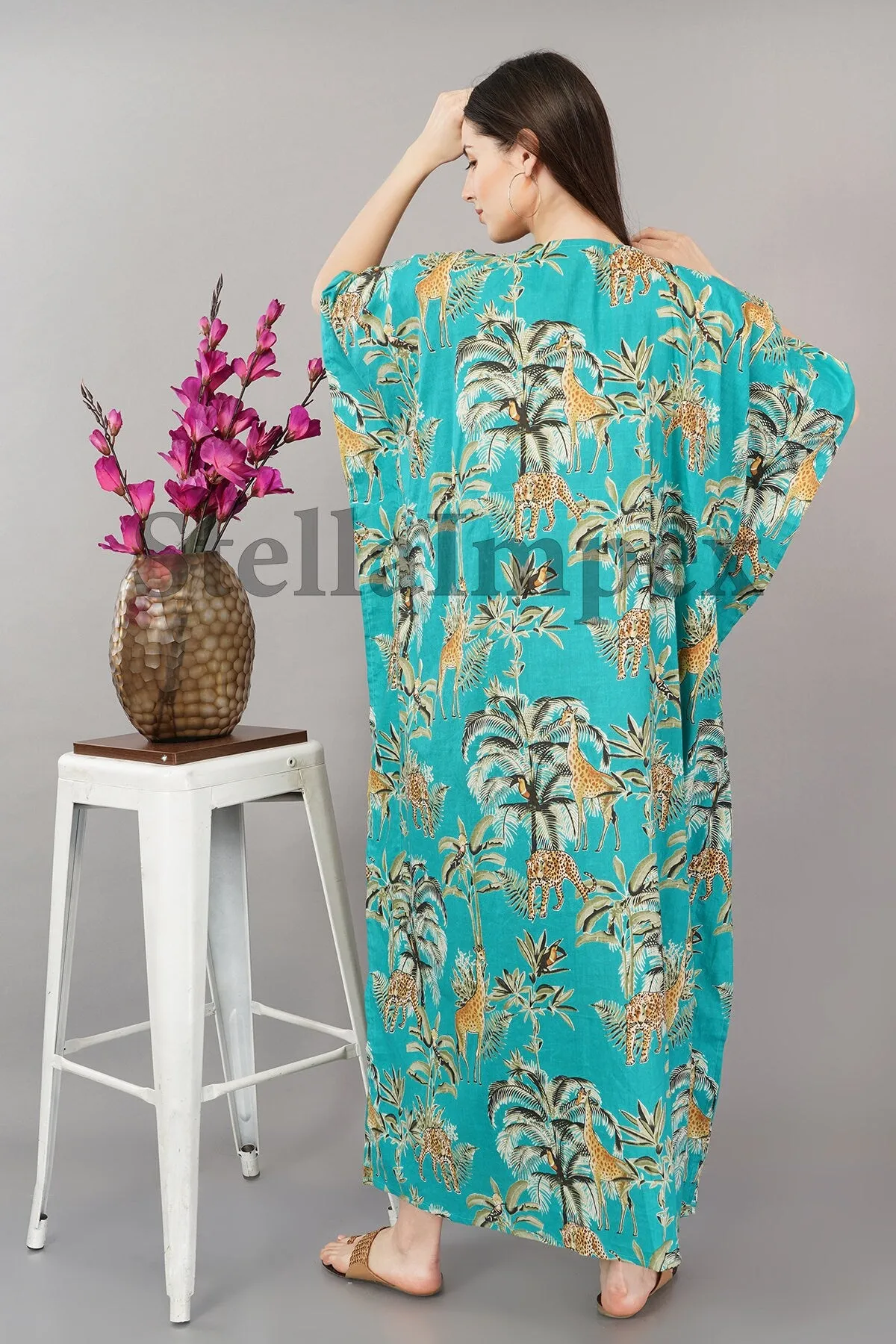 Trendy Cotton Kaftan Elegant Blue Printed Long Caftan Resort Wear Beach Dress Boho Kaftan, Gift for Her
