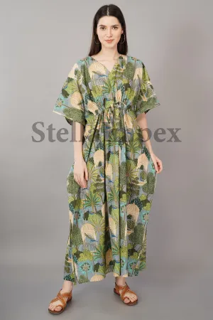 Trendy Cotton Kaftan Elegant Green & Grey Long Caftan Resort Wear Beach Dress Boho Kaftan, Gift for Her