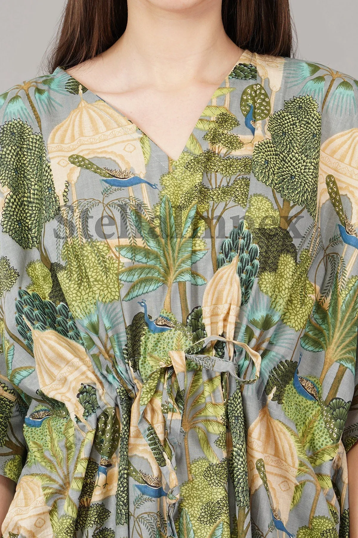 Trendy Cotton Kaftan Elegant Green & Grey Long Caftan Resort Wear Beach Dress Boho Kaftan, Gift for Her