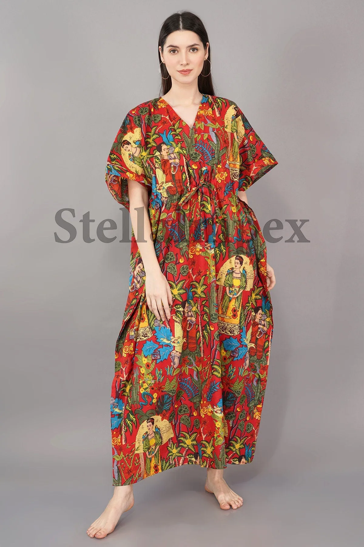 Trendy Cotton Kaftan Elegant Red Frida Kahlo Print Long Caftan Resort Wear Beach Dress Boho Kaftan, Gift for Her