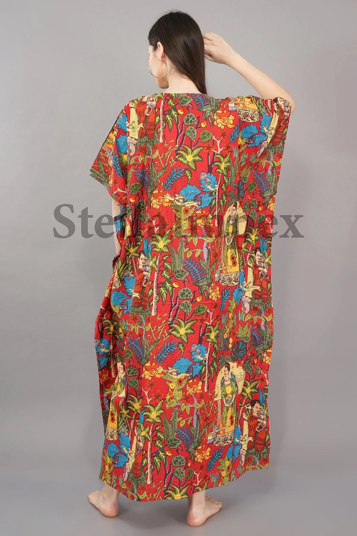 Trendy Cotton Kaftan Elegant Red Frida Kahlo Print Long Caftan Resort Wear Beach Dress Boho Kaftan, Gift for Her