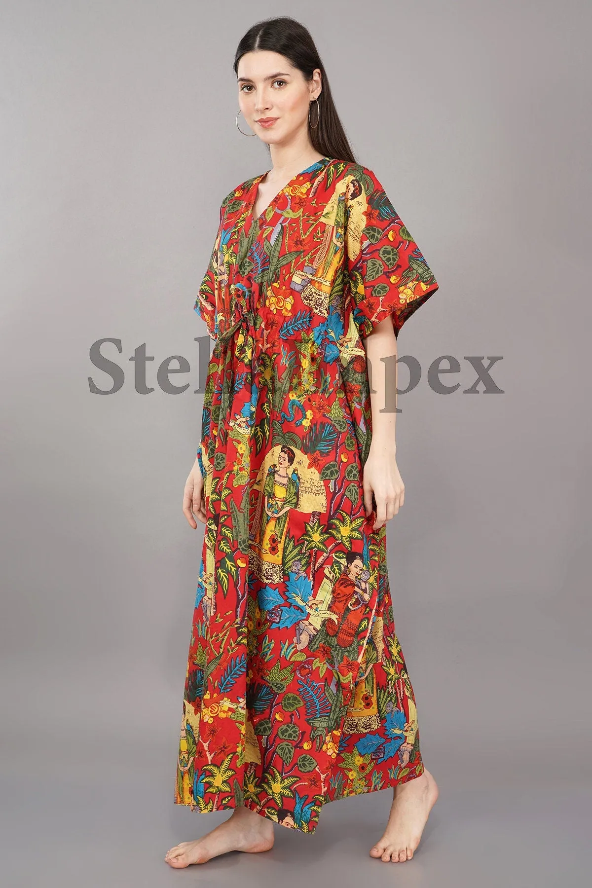Trendy Cotton Kaftan Elegant Red Frida Kahlo Print Long Caftan Resort Wear Beach Dress Boho Kaftan, Gift for Her
