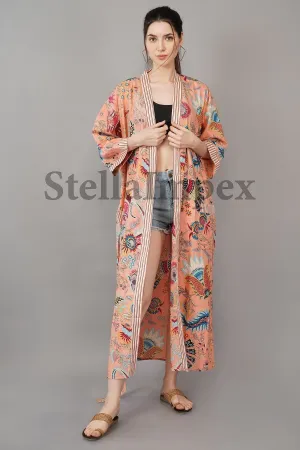 Trendy Cotton Kimono Elegant Peach Floral Bathrobe Resort Wear Beach Bikini Cover-ups Boho Kimono Bathrobe, Gift for Her