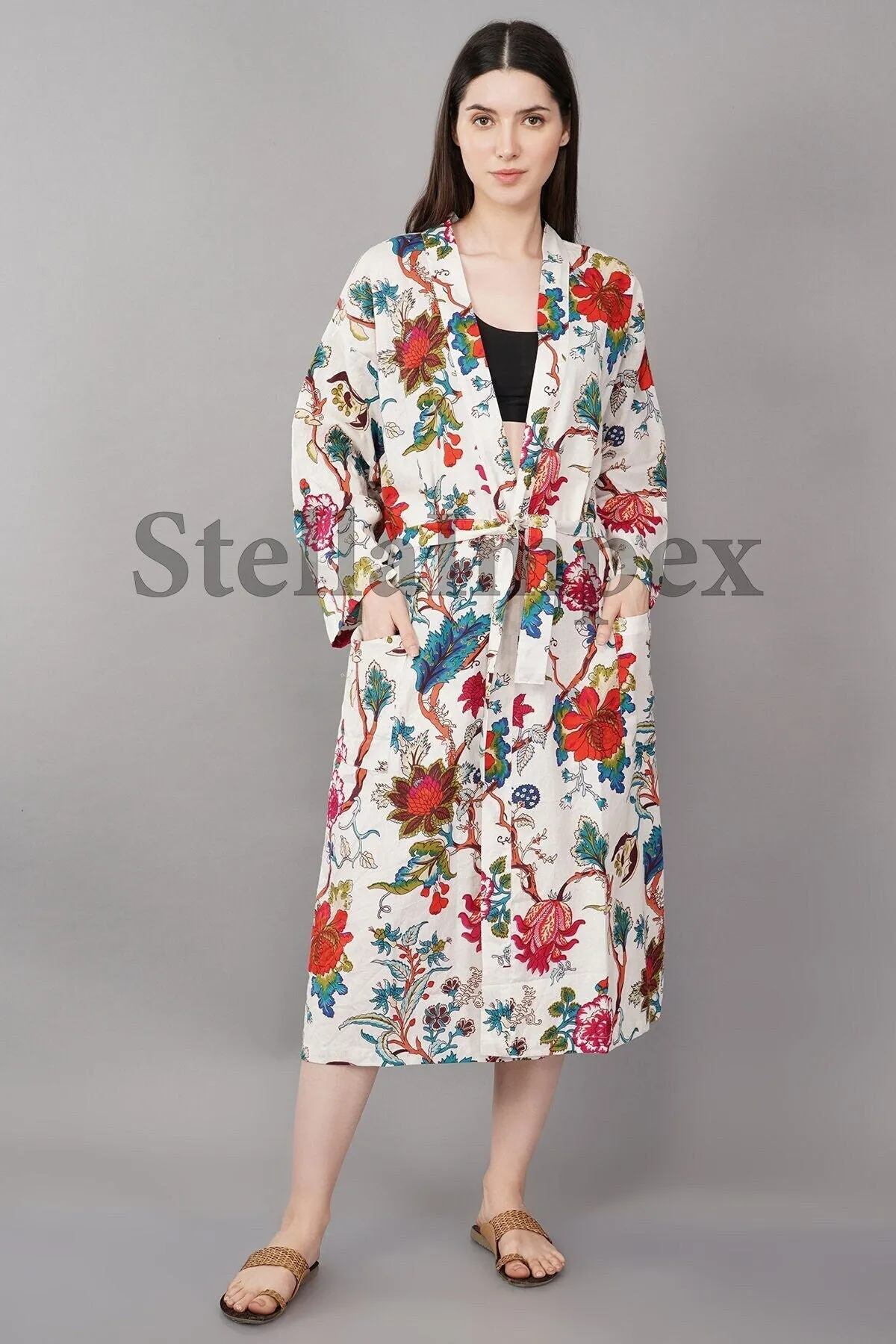 Trendy Cotton Kimono Elegant White Floral Bathrobe Resort Wear Beach Bikini Cover-ups Boho Kimono Bathrobe, Gift for Her