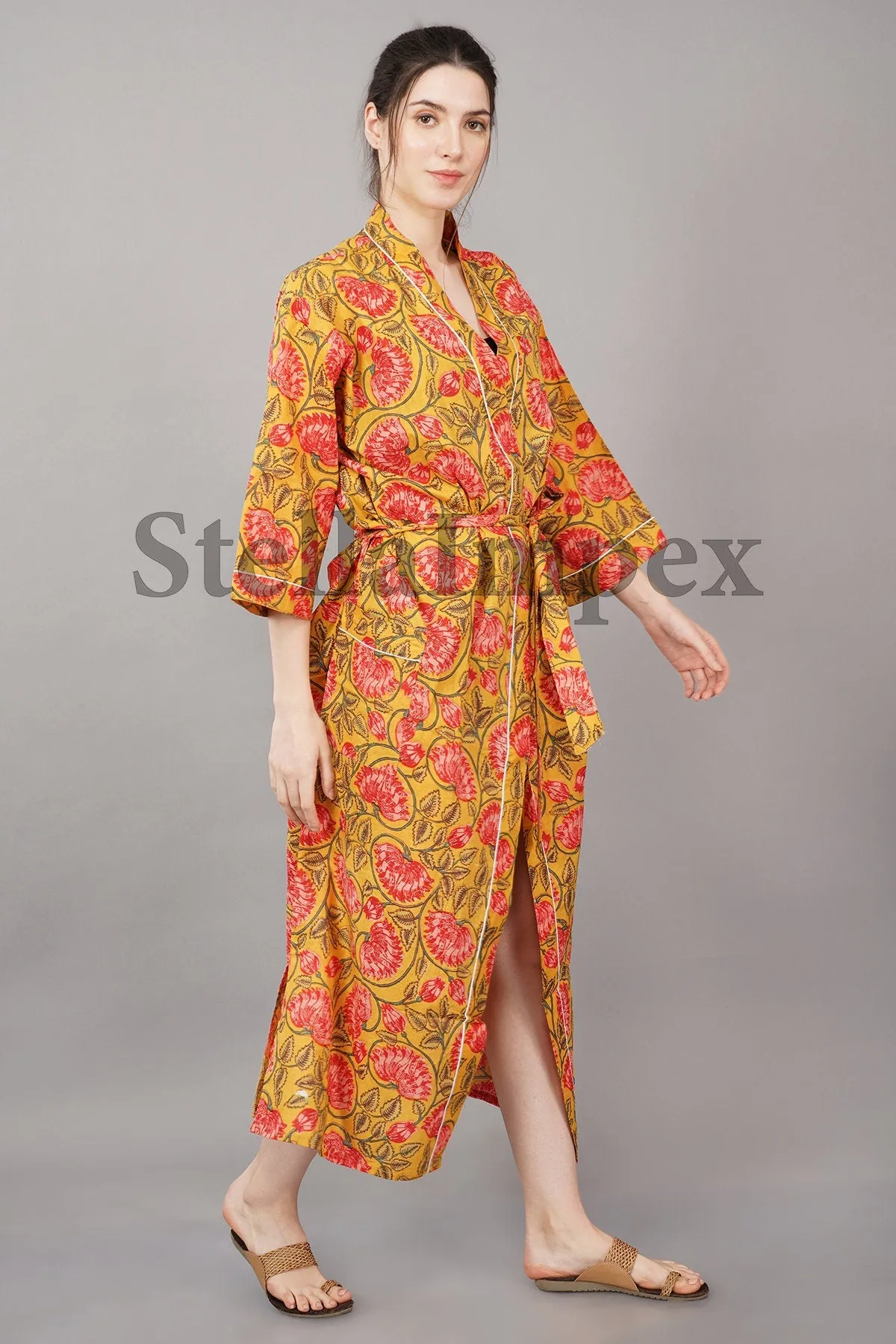 Trendy Cotton Kimono Elegant Yellow & Pink Floral Bathrobe Resort Wear Beach Bikini Cover-ups Boho Kimono Bathrobe, Gift for Her