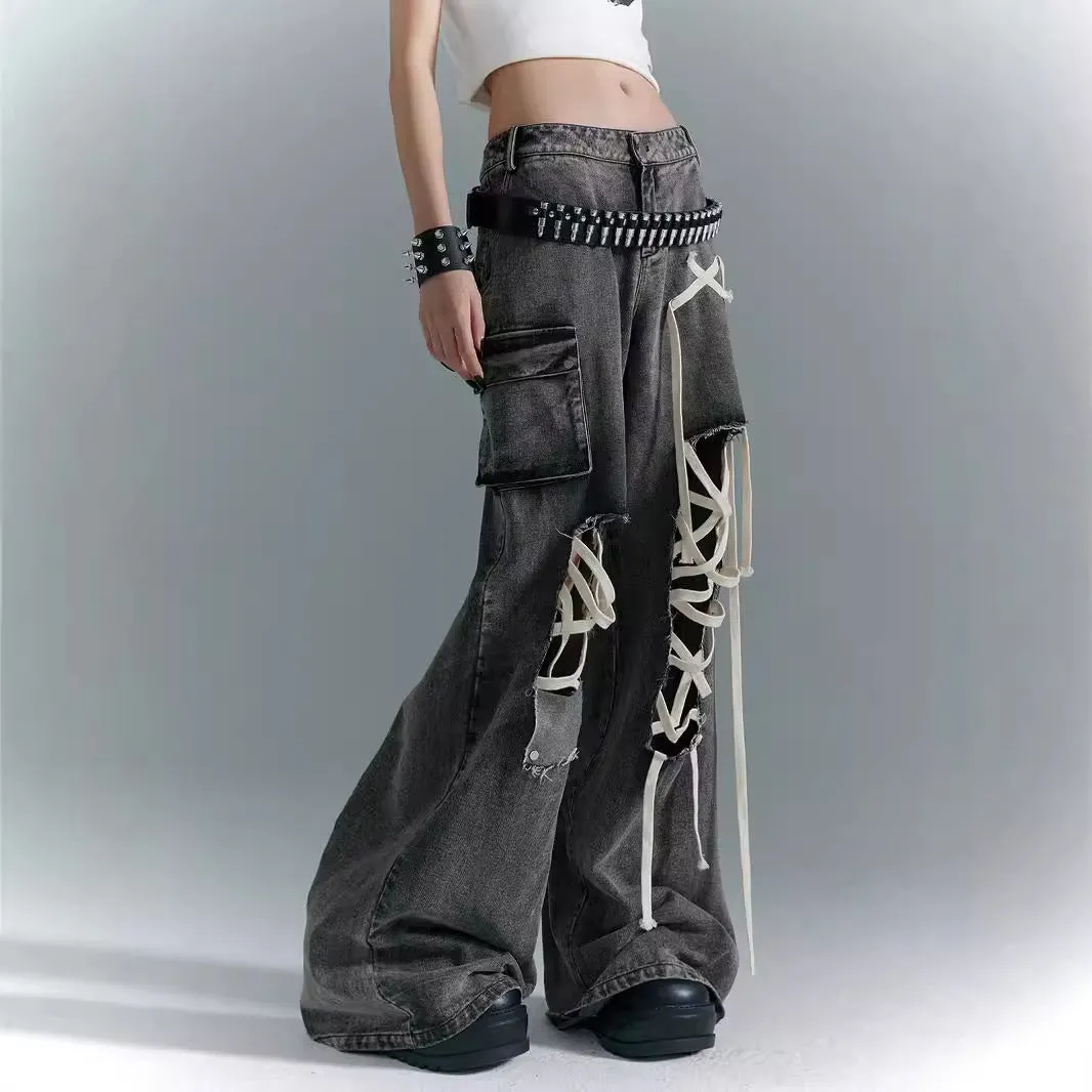 Uniwim grunge outfits American High Street Lace-up Black Design Tooling Ripped Jeans Women's Retro Low Waist Loose Wide Leg Mopping Trousers
