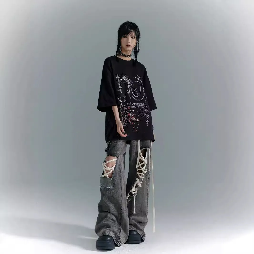 Uniwim grunge outfits American High Street Lace-up Black Design Tooling Ripped Jeans Women's Retro Low Waist Loose Wide Leg Mopping Trousers