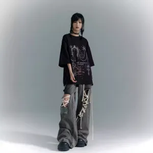 Uniwim grunge outfits American High Street Lace-up Black Design Tooling Ripped Jeans Women's Retro Low Waist Loose Wide Leg Mopping Trousers