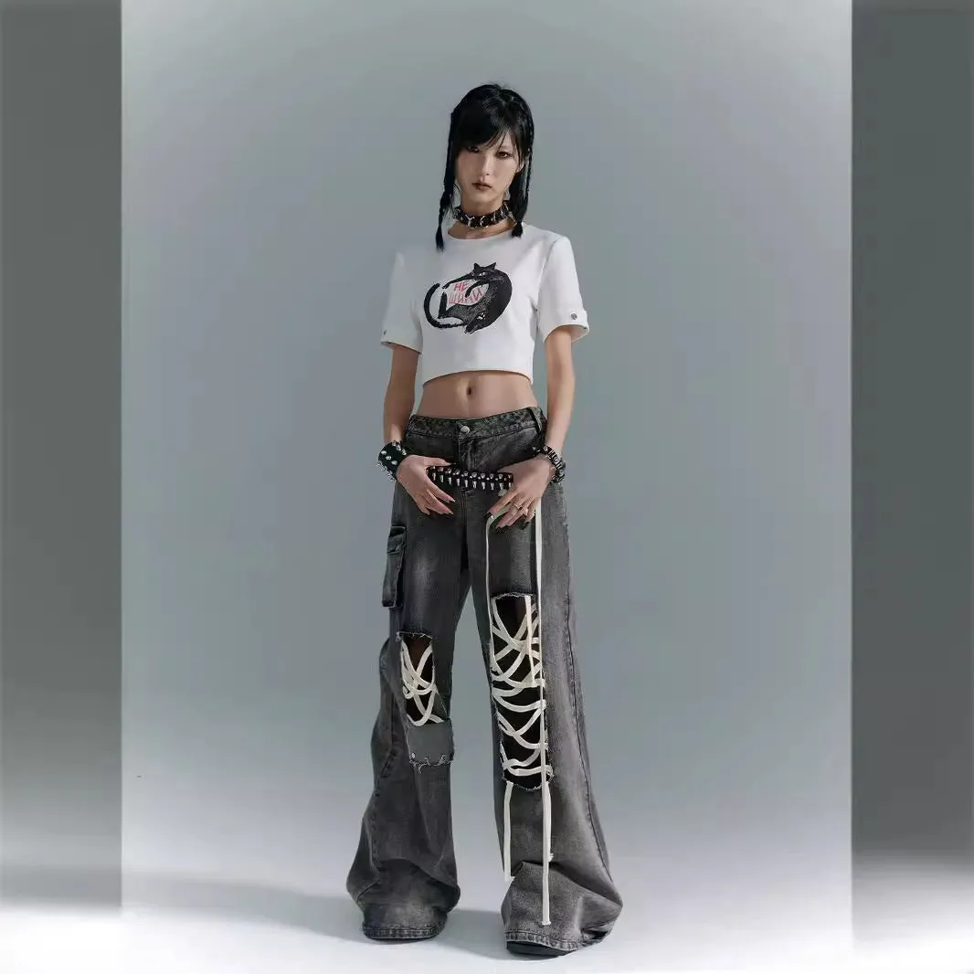 Uniwim grunge outfits American High Street Lace-up Black Design Tooling Ripped Jeans Women's Retro Low Waist Loose Wide Leg Mopping Trousers