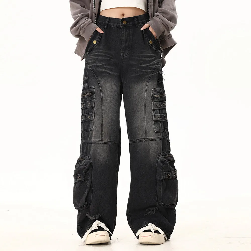 Washed Hole Denim Overalls Men