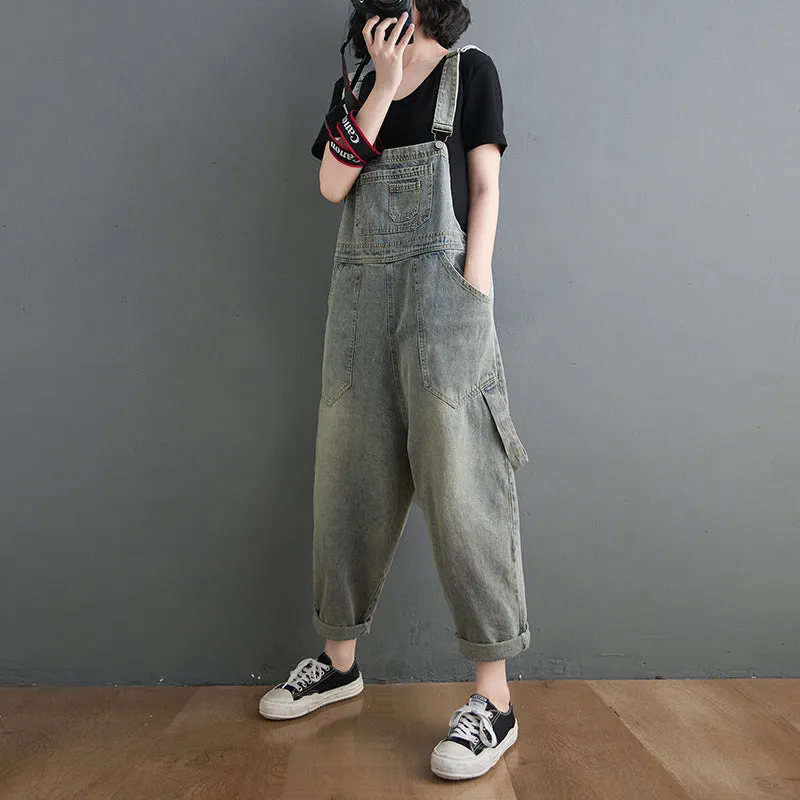 Washed Suspender Loose Denim Overalls