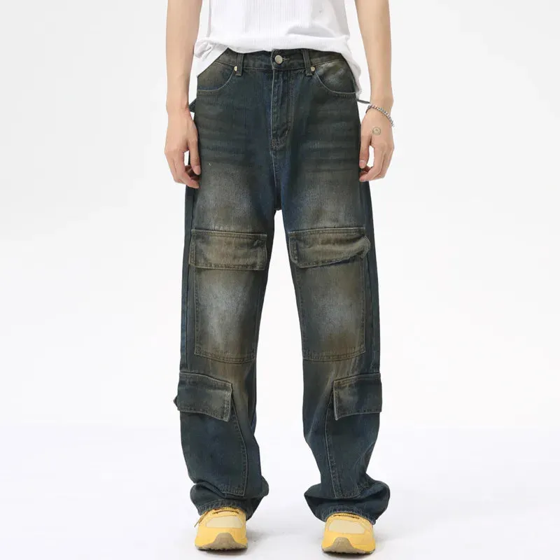 Wiaofellas  -  fall outfit Men Jeans Washed Straight Loose Streetwear Multi-pocket New Stylish Male Denim Pants Vintage Overalls Autumn