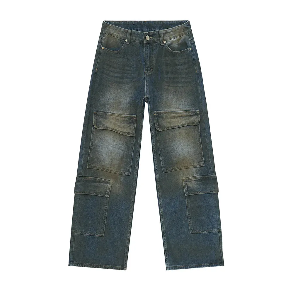 Wiaofellas  -  fall outfit Men Jeans Washed Straight Loose Streetwear Multi-pocket New Stylish Male Denim Pants Vintage Overalls Autumn
