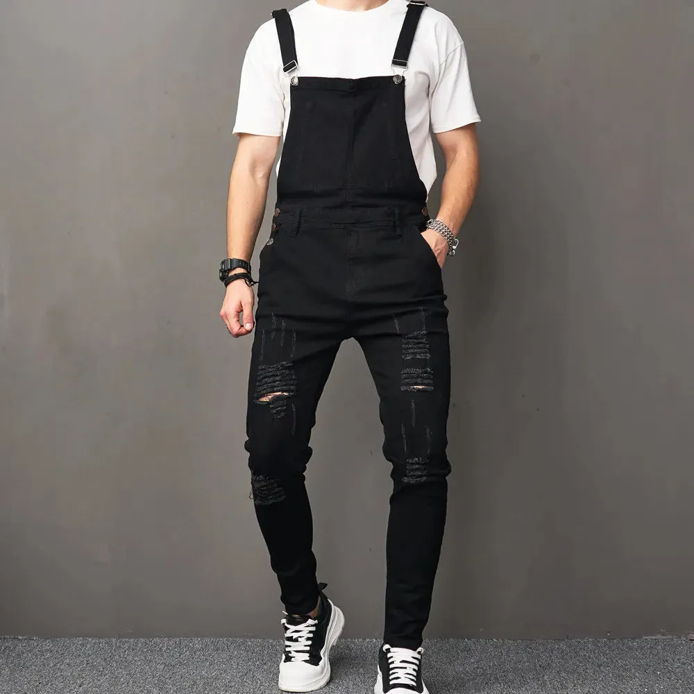 Wiaofellas   -  Stylish Men Streetwear Solid Ripped Slim Bib Overalls Jumpsuits jeans Male Distressed Holes Casual Strap Denim Pants