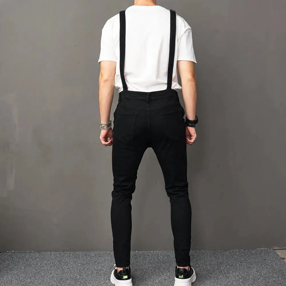 Wiaofellas   -  Stylish Men Streetwear Solid Ripped Slim Bib Overalls Jumpsuits jeans Male Distressed Holes Casual Strap Denim Pants