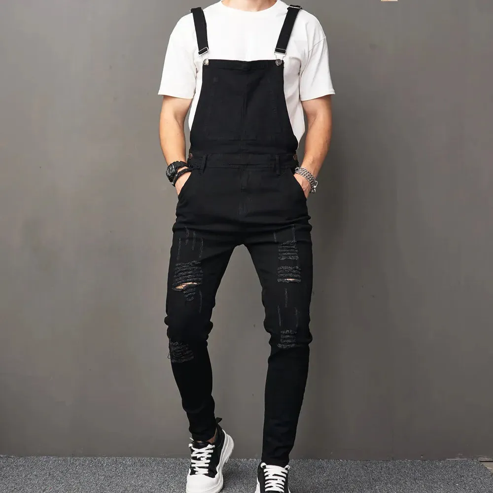 Wiaofellas   -  Stylish Men Streetwear Solid Ripped Slim Bib Overalls Jumpsuits jeans Male Distressed Holes Casual Strap Denim Pants