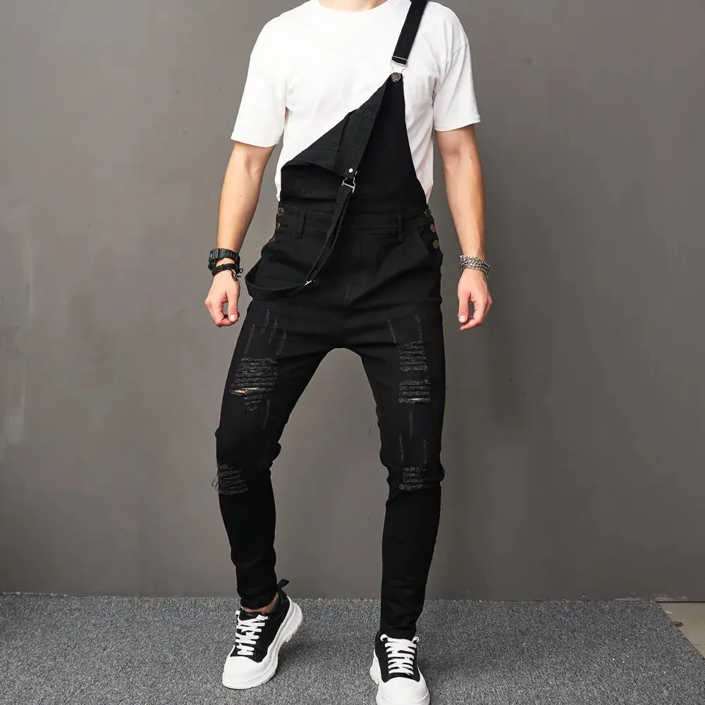 Wiaofellas   -  Stylish Men Streetwear Solid Ripped Slim Bib Overalls Jumpsuits jeans Male Distressed Holes Casual Strap Denim Pants