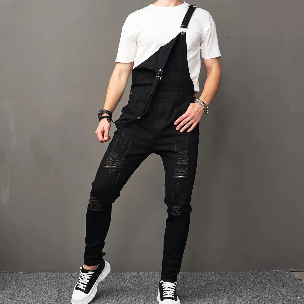 Wiaofellas   -  Stylish Men Streetwear Solid Ripped Slim Bib Overalls Jumpsuits jeans Male Distressed Holes Casual Strap Denim Pants