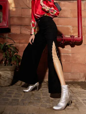 Women Black Diamante Side Slit Straight Jeans