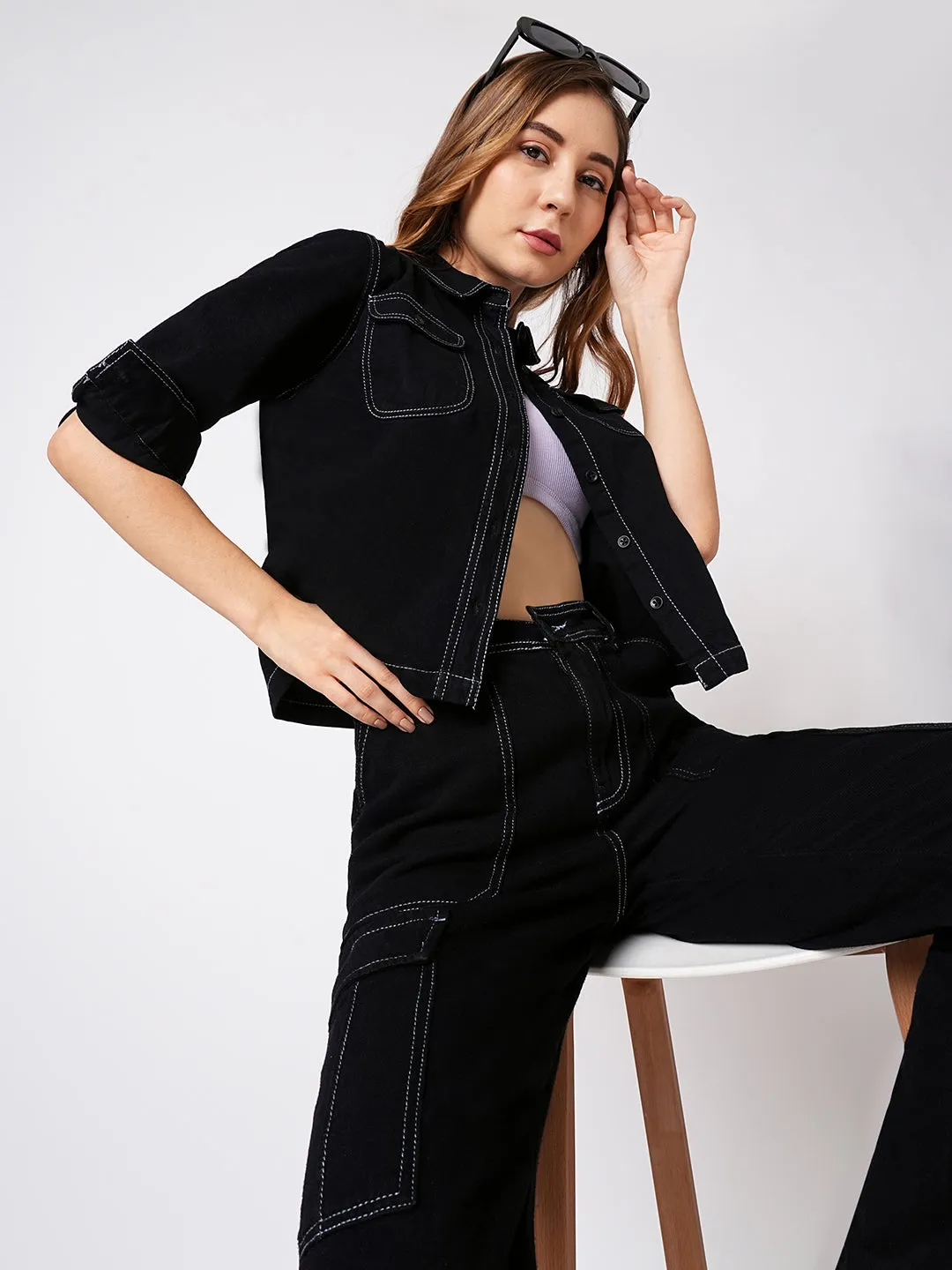 Women Slim Fit Black Solid Crop Shirt Denim