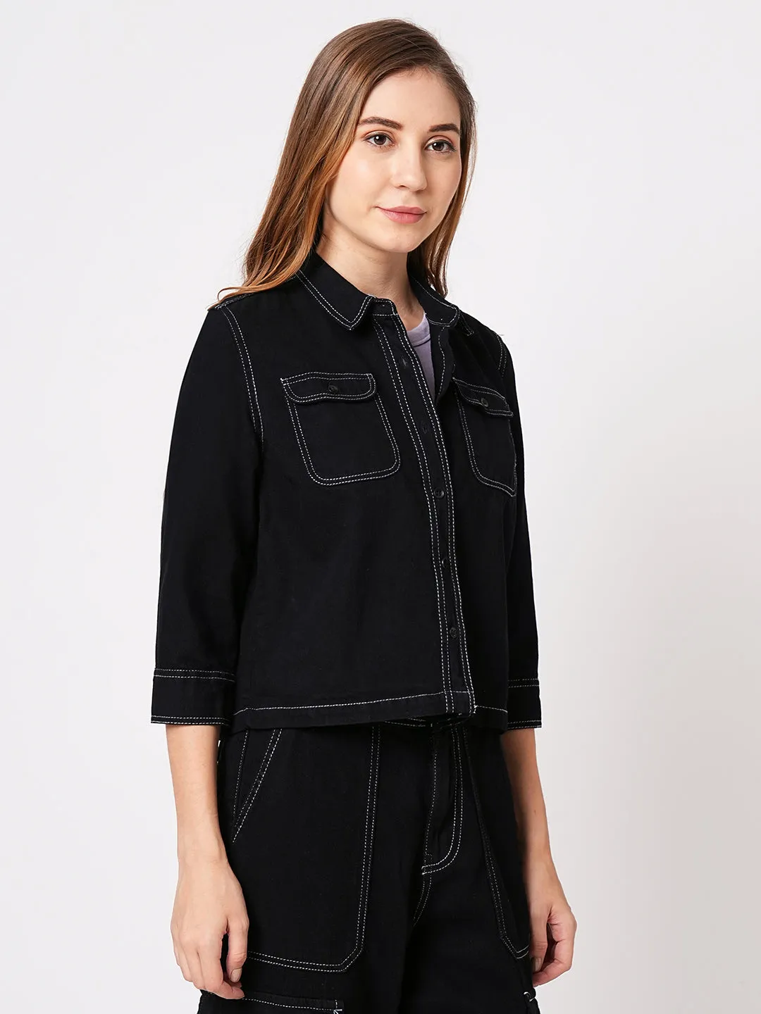 Women Slim Fit Black Solid Crop Shirt Denim