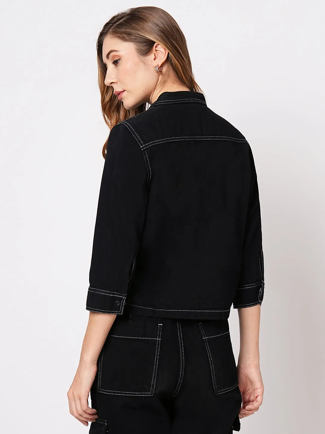Women Slim Fit Black Solid Crop Shirt Denim