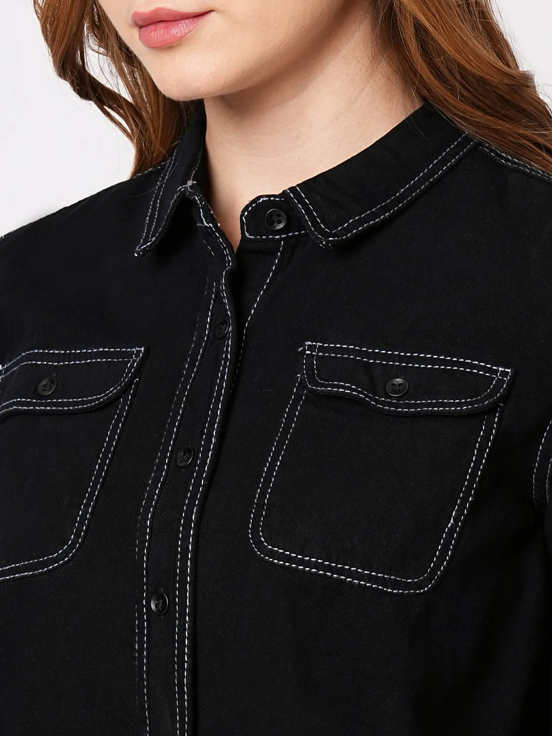 Women Slim Fit Black Solid Crop Shirt Denim