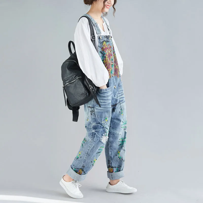 Women's Loose Plus Size Denim Light Color Hole Overalls
