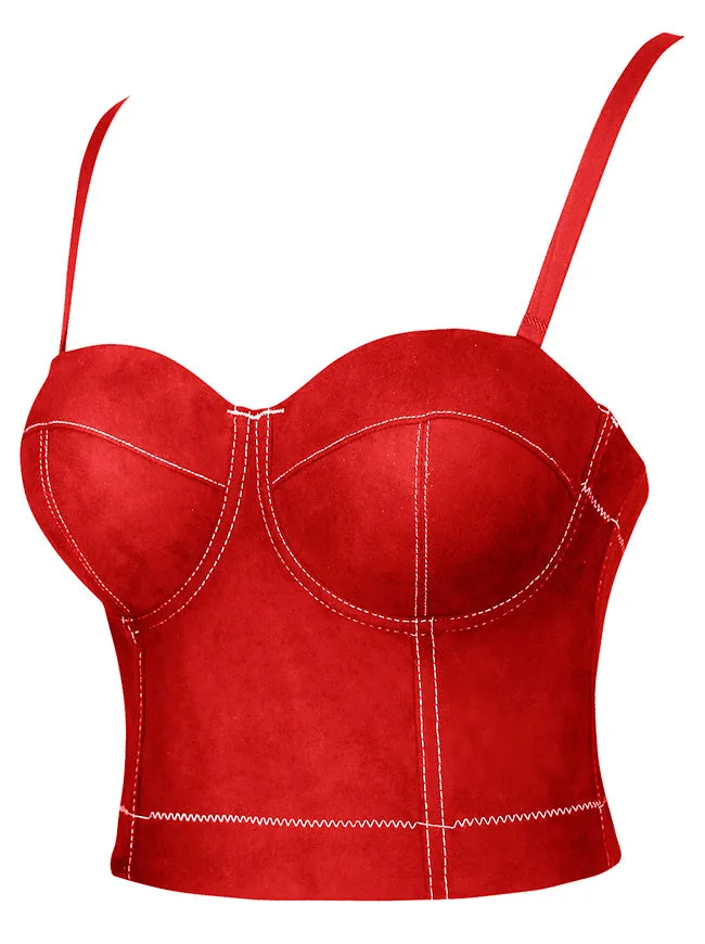 Womens Sexy Spaghetti Straps Crop Top Suede Sheer Push Up Bra Corset Bustier Top